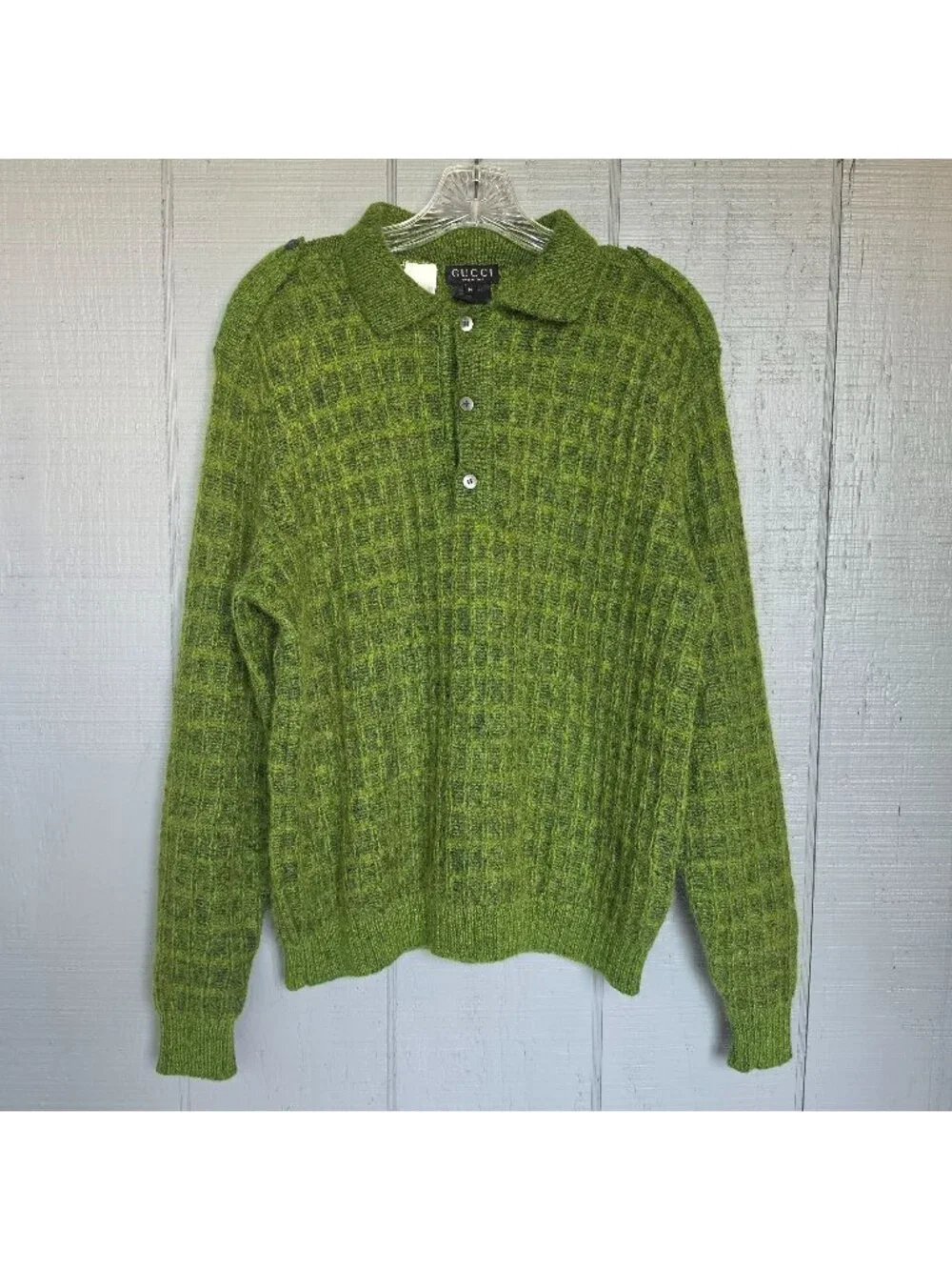 Gucci Vintage Green Mohair Blend Waffle Knit Polo Sweater Made in Italy Men Sz M